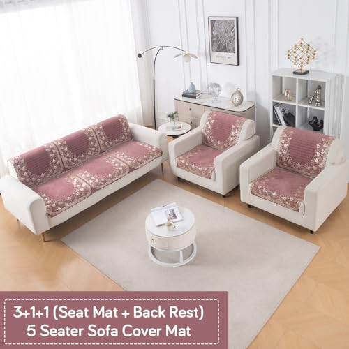 Image of HOKIPO Gulabi Jaal Premium Chenille Jacquard Sofa Cover 5 Seater Set - Washable 3+1+1 Sofa Cover for Seat & Back | 'Royal Aangan Series' (IN-1008-L1*2 + IN-1006-L1*4)