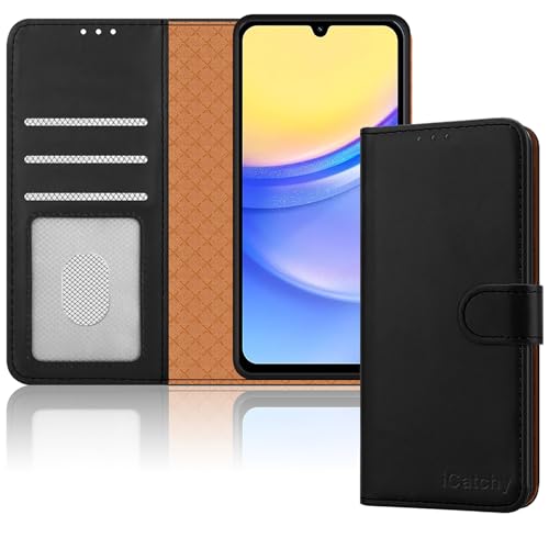 iCatchy for Samsung Galaxy A15 Case Leather Wallet Flip Book Cover with 4 Card Slots Magnetic Closure Kickstand Shockproof Protection Compatible with Samsung A15 (Black)