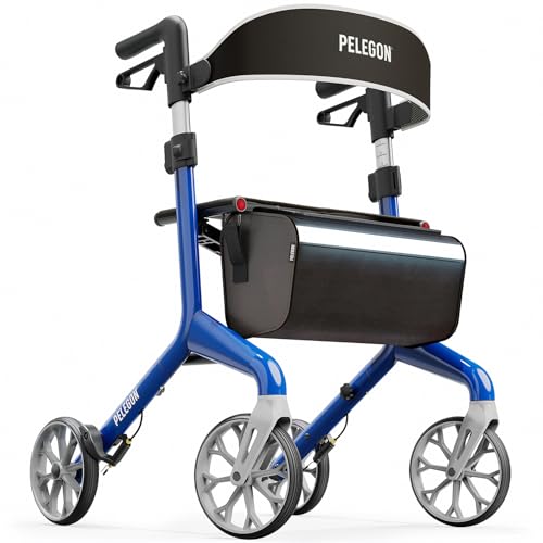 Pelegon Rollator Walker with Seat for Seniors Lightweight Foldable Walker with Padded Seat & Backrest Adjustable Handles Reflective Frame Carry Bag Heavy-Duty 300lb Support - Blue