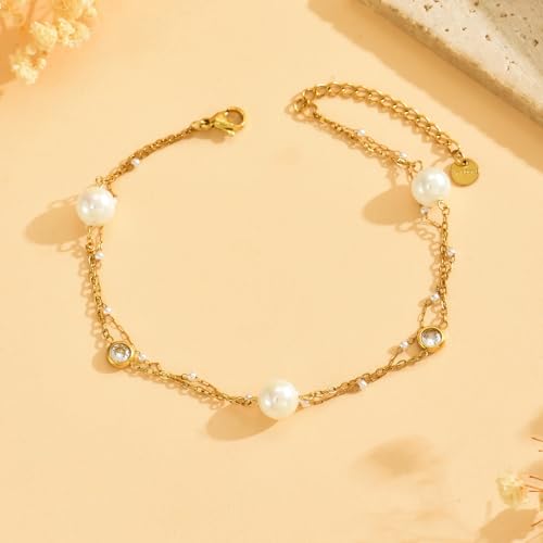 Image of NONAMOIS 18K Gold Plated Diamond Ankle Bracelets for Women Waterproof Gold CZ Pearl Bow Link Chain Anklets Non Tarnish Summer Beach Foot Jewelry Gifts
