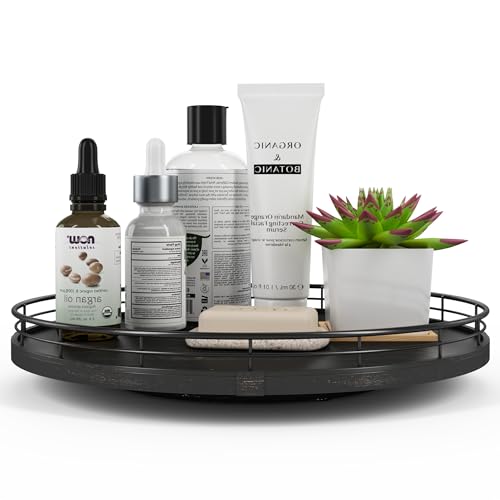 Image of 13 inch Oak Bathroom Vanity Tray Turntable for Perfume Candle, Round Wooden Decorative Tray for Kitchen Sink Countertop Organizer, Bathroom Counter Organizer for Skincare Makeup, Farmhouse Black Gold