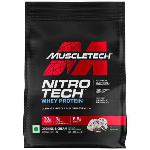 Image of MuscleTech Nitro-Tech Whey Protein, 450g, Cookies & Cream, 30g Protein, 3g creatine monohydrate, 6.7g BCAA, ultimate muscle building formula, increase strength & performance