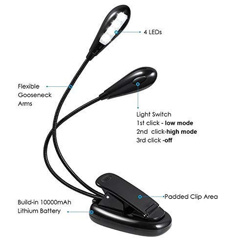 Lvdengxia Two Arms Rechargeable Music Stand LED Light Clip-on Dim-able Bed Book Reading Lamp