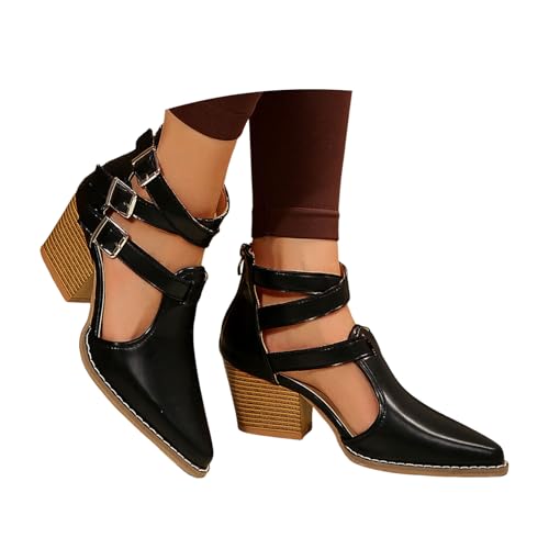 Womens Chunky Low Heels Closed Pointed Toe Ankle Strap Pumps Vintage Dress Wedding Party Shoes Women's Leather Block Heel Roman Sandals with Buckle Comfortable Retro Belt Shoes