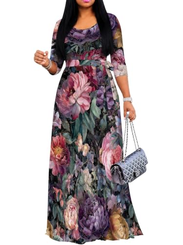 Image of PinkPatty Women's Plus Size Maxi Dresses Casual Flowy 3 /4 Sleeves Dress Printed Vacation Dress for Daily Wear with Belt