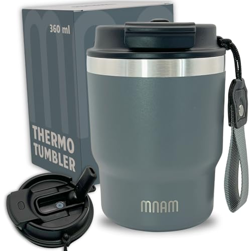 mnam - Taza Termo Cafe para Llevar - Taza Termica Acero Inoxidable con Asa - Vaso Termico Reutilizable para Bebidas con Pajita - Termo Pequeño Cafe - Travel Mug Coffee Cup (360 ML)
