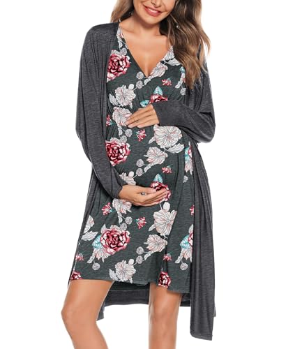 Image of SWOMOG Women Maternity Nursing Gown and Robe Set Printing Labor Delivery Nursing Nightgown for Breastfeeding Hospital Robes