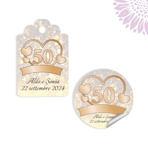 10 pezzi Cartellini o Adesivi 50imo anniversario personalizzati, matrimonio, compleanno, etichette, varie forme (TAG-50)