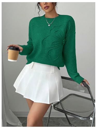 Image of RoseSeek Women's 3D Floral Appliques Crewneck Sweaters Long Sleeve Drop Shoulder Pullovers Elegant Knit Tops