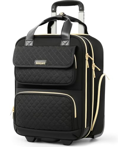 Arcoyard Underseat Carry On Luggage with Wheels, Airline Approved Personal Item Luggage, 16-Inch Multi-functional Underseat Luggage, Lightweight Overnight Suitcase for Women, Bussiness, Travel, Black