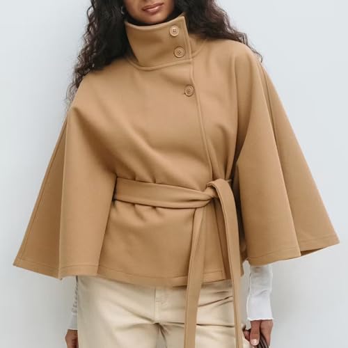 Ainangua Womens Batwing Sleeve Poncho Peacoat Oversized Stand Collar Belt Cape Coat Jacket Cloak Fall Winter Shawl Outerwear4