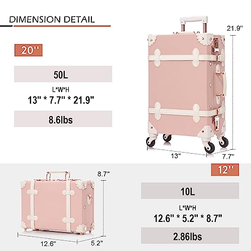 Apelila 2 Piece Vintage Luggage Set PU Leather Luggage with Spinner Wheels, Lightweight Suitcase for Travel( 20"+12") (Retro Pink, 20"+12")