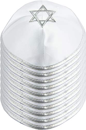 Image of Pack of 10-Pcs Hq 20cm Satin Kippah with Silver /Gold String+Star of David for Men & Boys, Yamaka Hat from Israel, Kippot Bulk (White Silver)