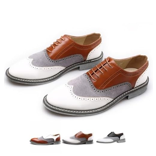 Sapato social masculino em dois tons de patchwork Brogue Oxfords moderno clássico bico redondo com cadarço cano baixo couro social costurado à mão negócios formal Derby sapatos, Marrom, 39