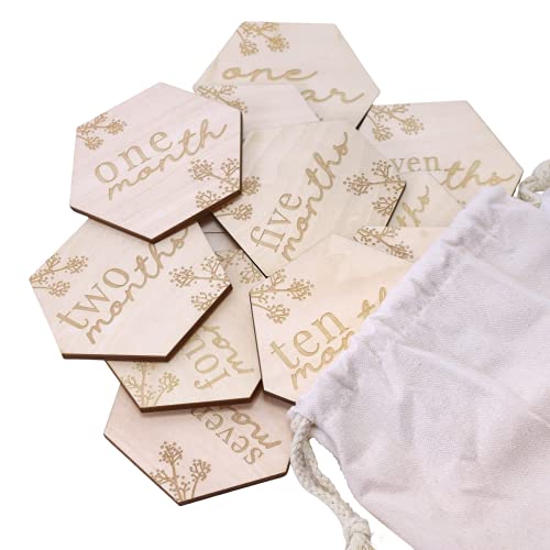Image of Wooden Baby Monthly Cards. Cute Floral Designs - Reversible, and Laser Engraved Blocks. Set of 24 Sayings Plus a Customizable Birth Card. Natural Wood Disc Photo Props for Boy or Girl in Keepsake Bag