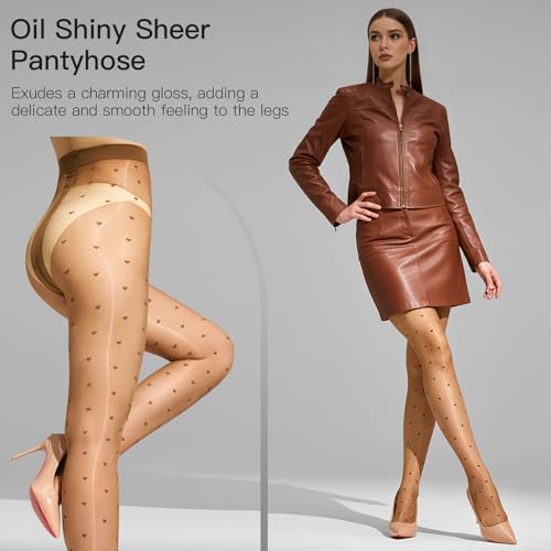 Image of Yilanmy Shiny Polka Dot Patterned Tights for Women Sheer Shimmer Pantyhose 20D High Waist Heart Stockings