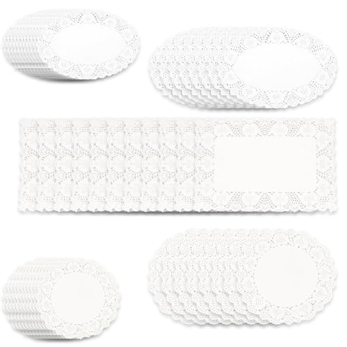 Gubilacrum 150 Pcs White Lace Paper Doilies 5 Types Disposable Paper Doilies White Rectangle Round Shape Disposable Placemats for Food Doily for Cake Dessert Displays Wedding Party