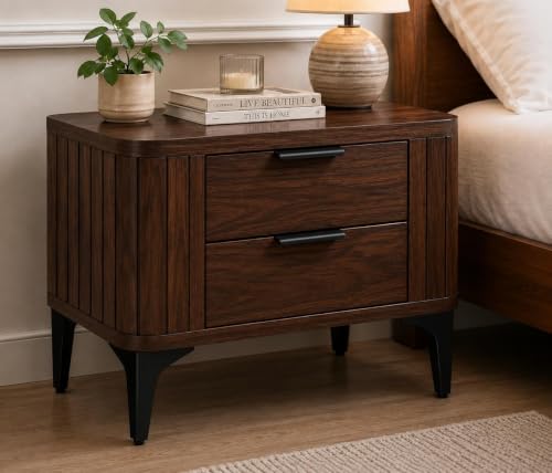 Image of Solid Sheesham Wood Bedside Table for Bedroom & Livingroom | Nightstand End Table with 2 Drawers Storage for Home | Modern & Luxury Design| (Walnut Finish)