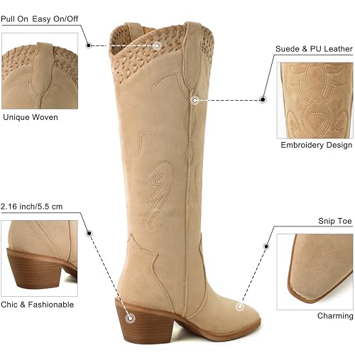 Image of Reitoye Cowboy Boots Women Knee High Cowgirl Embroidered Chunky Heel Boots | Block Chunky Heel,Pointed Toe,Half Side Zipper & Pull Tab,Embroidered Tall Boots,Fall Summer Spring Winter Dress Long Boots