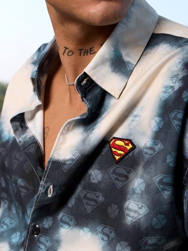 Image of The Souled Store Superman: Tie-Dye Men and Boys Short Sleeve Spread Collar Off White and Blue Tie Dye Casual Lightweight Drop Shoulder Streetwear Trendy Cotton Oversized Shirt