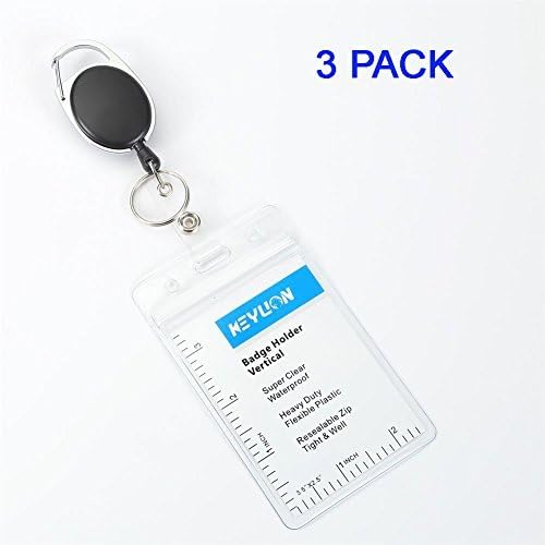KEYLION 3 Sets Badge Holder Carabiner Reel Clip On Heavy Duty Clear Vinyl PVC ID Card Holder with Waterproof Type Resealable Zip and Key Ring