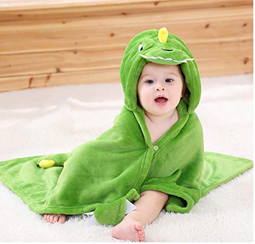 Image of TONWHAR 0-4 Years Toddlers' And Kids' Boys Girls Animal Face Hooded Blanket Baby's Bathrobe,Plush After Bath Blanket (Green Dinosaur)