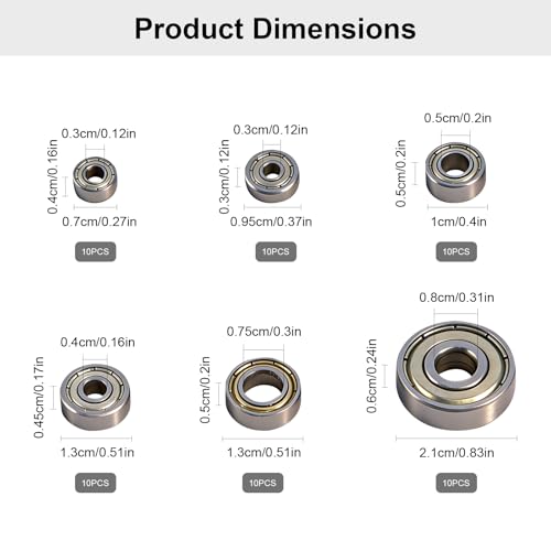 Gyism 60pcs 6 Größen 693ZZ, 623ZZ, 624ZZ, 685ZZ, 687ZZ, 627ZZ Doppelt Abgeschirmte Kugellager Set, Mini Rillenkugellager, Mni Lager für Skateboards, Trolleys, Elektromotoren und Mehr (Silber)