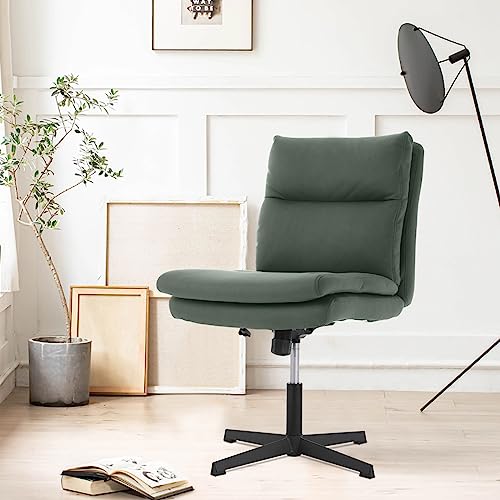 Luckwind Armless Home Office Desk Chair No Wheels, Modern Double Padded Ergonomic Vanity Chair, Mid-Back Height Adjustable Cushioned Swivel Task Chairs, Wide Seat, Spring Tilt Rocker (Dark Green) #TOP4