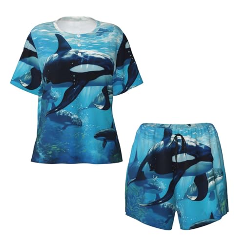 Pijama de manga corta para mujer conjunto ligero de ropa de dormir casual verano orcas 6