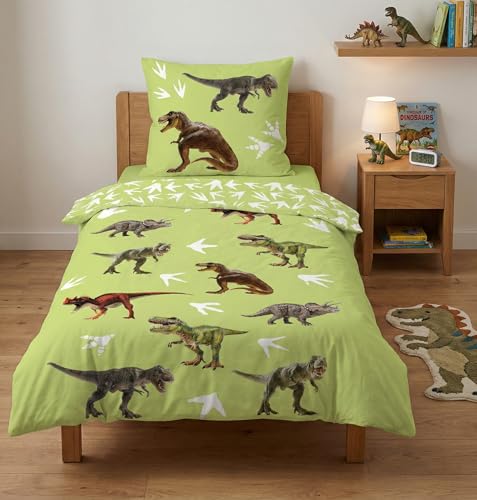 BrandMac Bettwäsche Dinosaurier, 100 % Baumwolle, Bettbezug 140 x 200 cm + Kissenbezug 63 x 63 cm, T-Rex