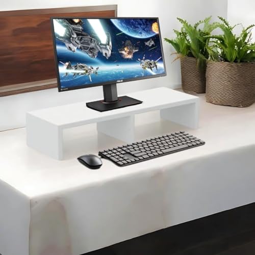 Image of flux Monitor Stand Wooden | Monitor Stand Riser | PC Stand For Desktop Table | , with 3 leg support, Non-Slip | Material: Particle Board Wood | Size: (59.5 cm x 20cm x 12cm) white