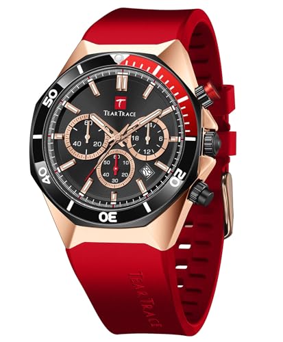 Image of TEARTRACE Watches for Men Luxury Quartz Chronograph 3ATM Waterproof Sport Wrist Watches Multifunctional with Silicone Strap Casual Mens Watches, Red, Sporty