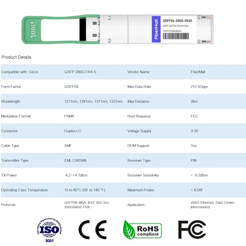 Image of 200G QSFP56 FR4 PAM 4Optical Transceiver Module, with Compatible Cisco QSFP-200G-FR4-S,200GBASE-FR4 CWDM4 1310nm 2km LC SMF FEC Optical Transceiver Module