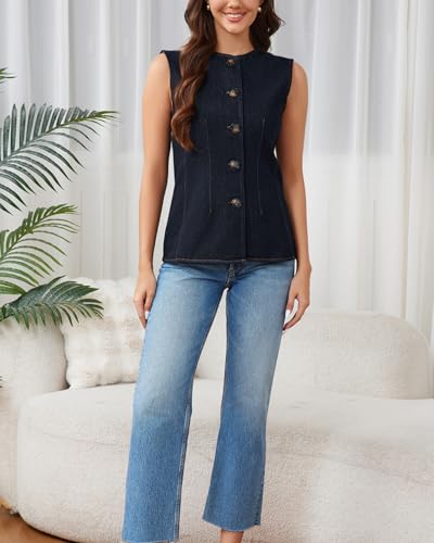Women's Button Down Denim Vest Crewneck Slim Fit Waistcoat Casual Jean Tank Top4