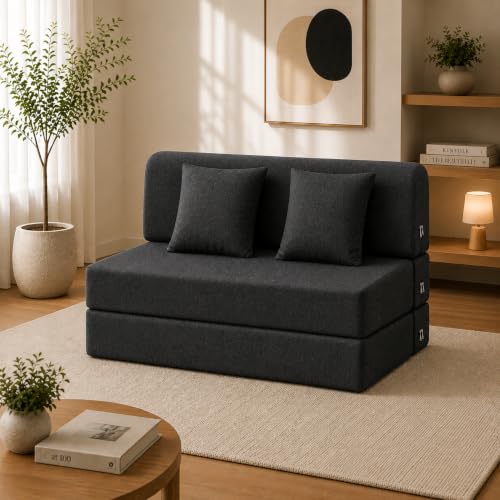 Image of Rhythm Foldable Sofa Cum Bed | 2 Seater Sofabed with 2 Cushions High-Density Foam 3-in-1 Convertible Sofa Cum Bed for Living Room & Bedroom | Jute Fabric Washable with 3 Years Warranty (72x48)