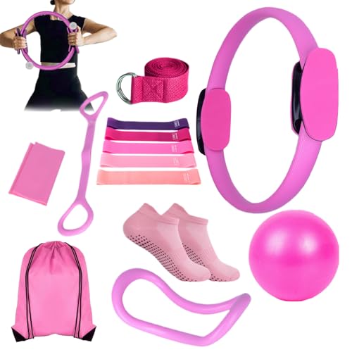 Jukeoiu Kit de Pilates para Casa - Set de Aro con Correa de Estiramiento - Equipo Completo para Entrenamiento en Casa de Flexibilidad Fuerza y Abdominales