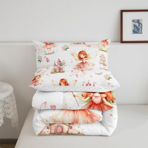 Image of Princess Castle Flower Comforter Set King Size Girls Kids Boys Duvet | Butterfly Cute Kawaii Breathable Soft Lightweight Quilt Set Bedding Set Bedroom Decor Microfiber Pink Warm Cozy All Season