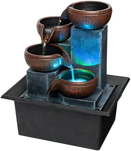 Father'sDen Collection Small Indoor Waterfall Fountain-Tabletop Fountain 4 Level-Indoor Desktop Fountain with Audible Calming Waterfall Sounds for Feng Shui Effect-Cascading LED Color Lighting
