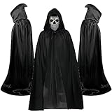 NERSH Halloween Scary Skeleton Mask Men+Halloween Hooded Cloak,Realistic Latex Skeleton Mask Halloween Long Hooded Cape Cosplay grim reaper Halloween Cloak Costumes(A)