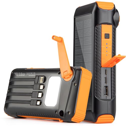 MARRRCH Solar Power Bank 20000mAh Built in Hand Crank and 4 Cables,22.5W Fast Charge Power Bank Solar Portable Charger LEDs Flashlight,Fast Charging Battery Pack for Outdoor Camping Survival Gear