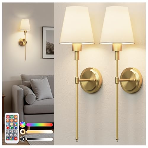 DORESshop Battery Operated Wall Sconce Set of 2, Wireless Wall Light Easy to Install, 15 Color Rechargeable Wall Sconces, Sconce Wall Decor Set of 2 for Bedroom, Living Room, Gold, 24.6in