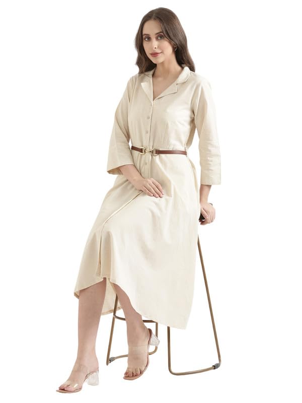 Image of SAADAA Women Cotton-Linen Blend Flared Dress | Midi Dress with 3 /4 Sleeves, Adjustable Waist Belt & Pockets | Below Knee Casual Dress for Office, Travel & Everyday Wear