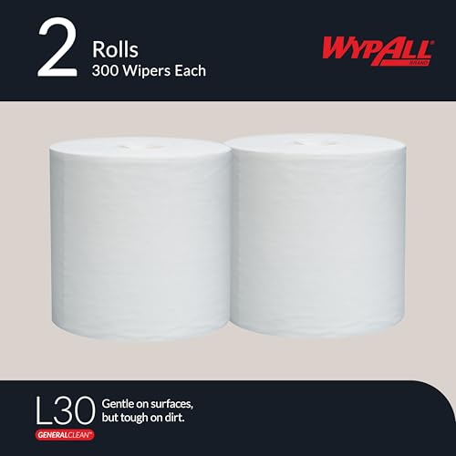 Image of WypAll GeneralClean L30 Cloths Heavy Duty Cleaning Wipes (05820), Center-Pull, Strong and Soft Bulk Paper Wipers, White (300 Sheets /Roll, 2 Rolls, 600 Sheet Total)