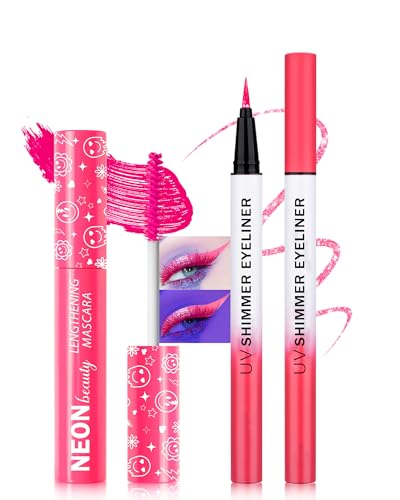 Rosa UV Neon Mascara & Eyeliner, Wasserfest Wimperntusche Volume and Lange, Glitter Liquid Eyeliner Bunt, UV Activated Makeup Long Lasting Fluorescent, Festival Zubehör für Weihnachten Karneval Party