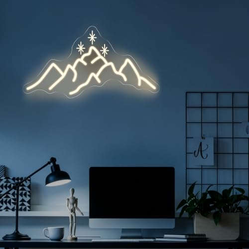 Image of ACOTAR Neon Sign Mountain With Star LED Light Book Lover Gift | Starry Mountain Reading Nook Decoration USB Powered Dimmable Bookish Home Wall Room Deocr Warm White 17.7 inchx9.3 inch