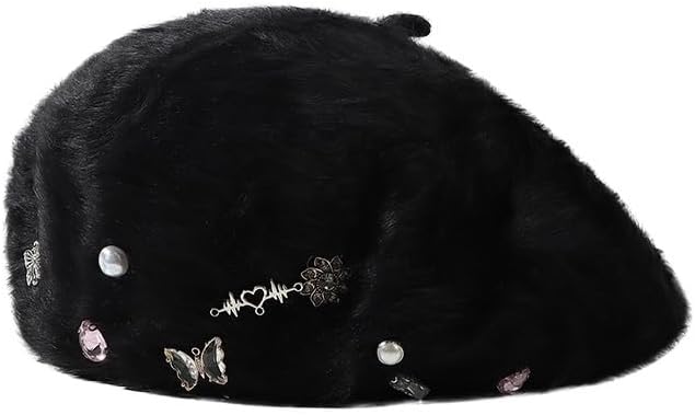 Rabbit Hair Rhinestone White Warm Beret Women's Casual Hat