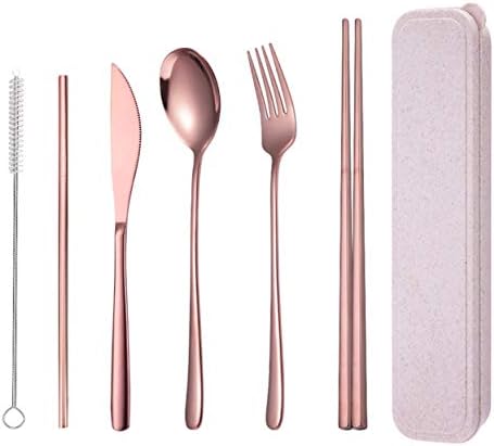 AARAINBOW 6 Pieces 18/8 Stainless Steel Flatware Set Portable Reusable Cutlery Set Travel Utensils Set Including Chopsticks Knife Fork Spoon Straws Cleaning Brush Dishwasher Safe (Rose Gold)