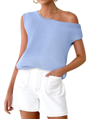 ZESICA Women's Summer Off The Shoulder Knit Tops 2026 Casual Short Sleeve Oversized Shirt,Blue,Medium