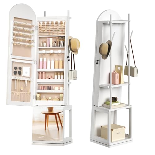 HOOBRO Armario para Joyas, Espejo Joyero de Pie, Base Giratoria y Cerradura, con Luz LED y Zona Abierta, con Ganchos para Ropa y Sombreros, Pendientes, Anillos, Collares y Cosméticos, Blanco EWT09JC04