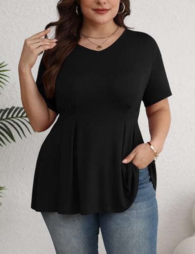 Women’s Plus Size Casual Short Sleeve Dressy Empire Waist V Neck Babydoll Peplum Tunic Tops T-Shirts3